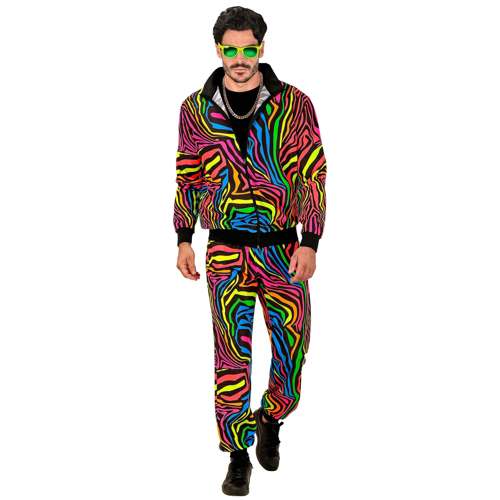 "NEON REGENBOGEN PARTY FASHION TRAININGSANZUG MIT TIERMUSTER" (Oberteil, Hose) – Detailansicht