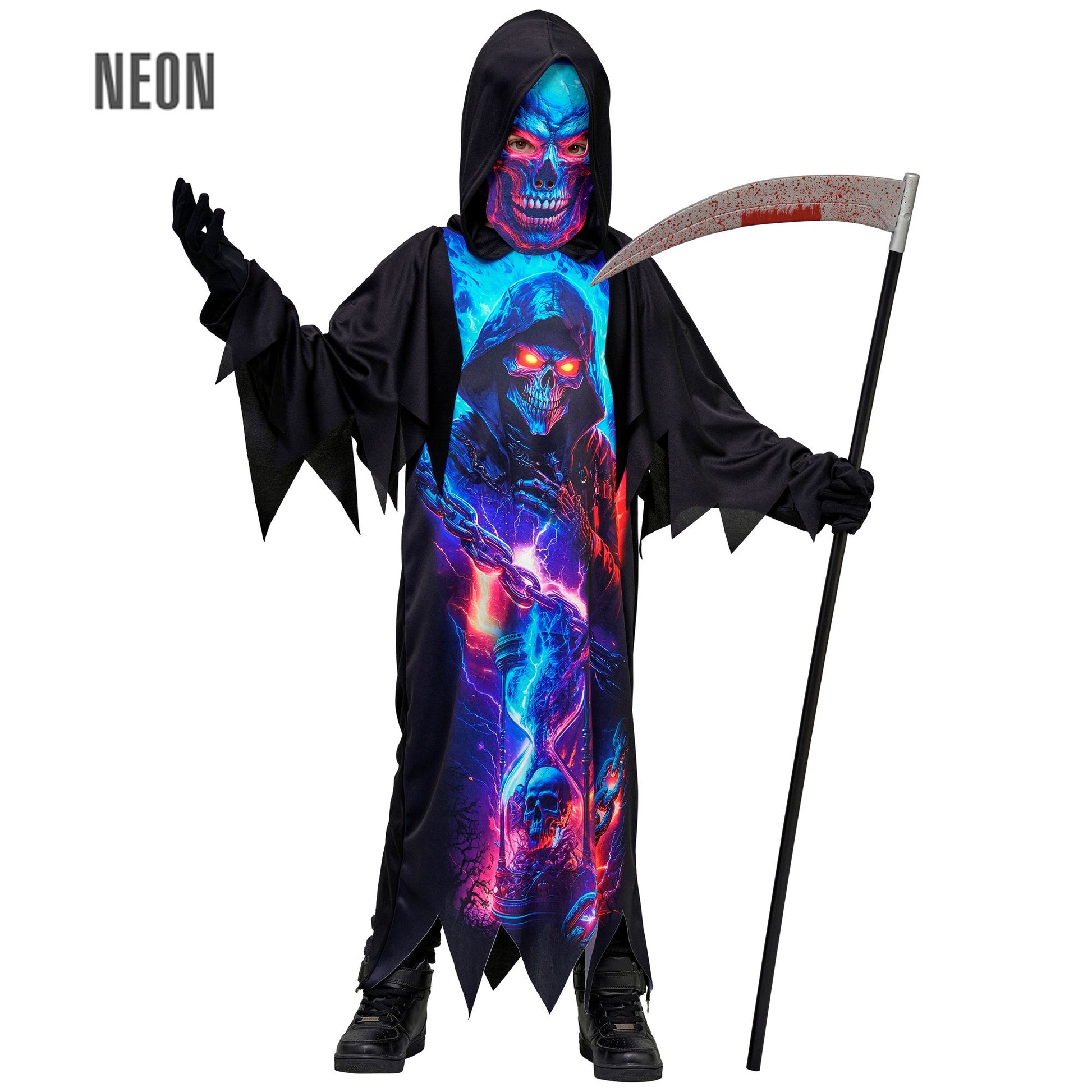 "NEON SENSEMANN" (Robe mit Kapuze, Maske) – Vorderansicht