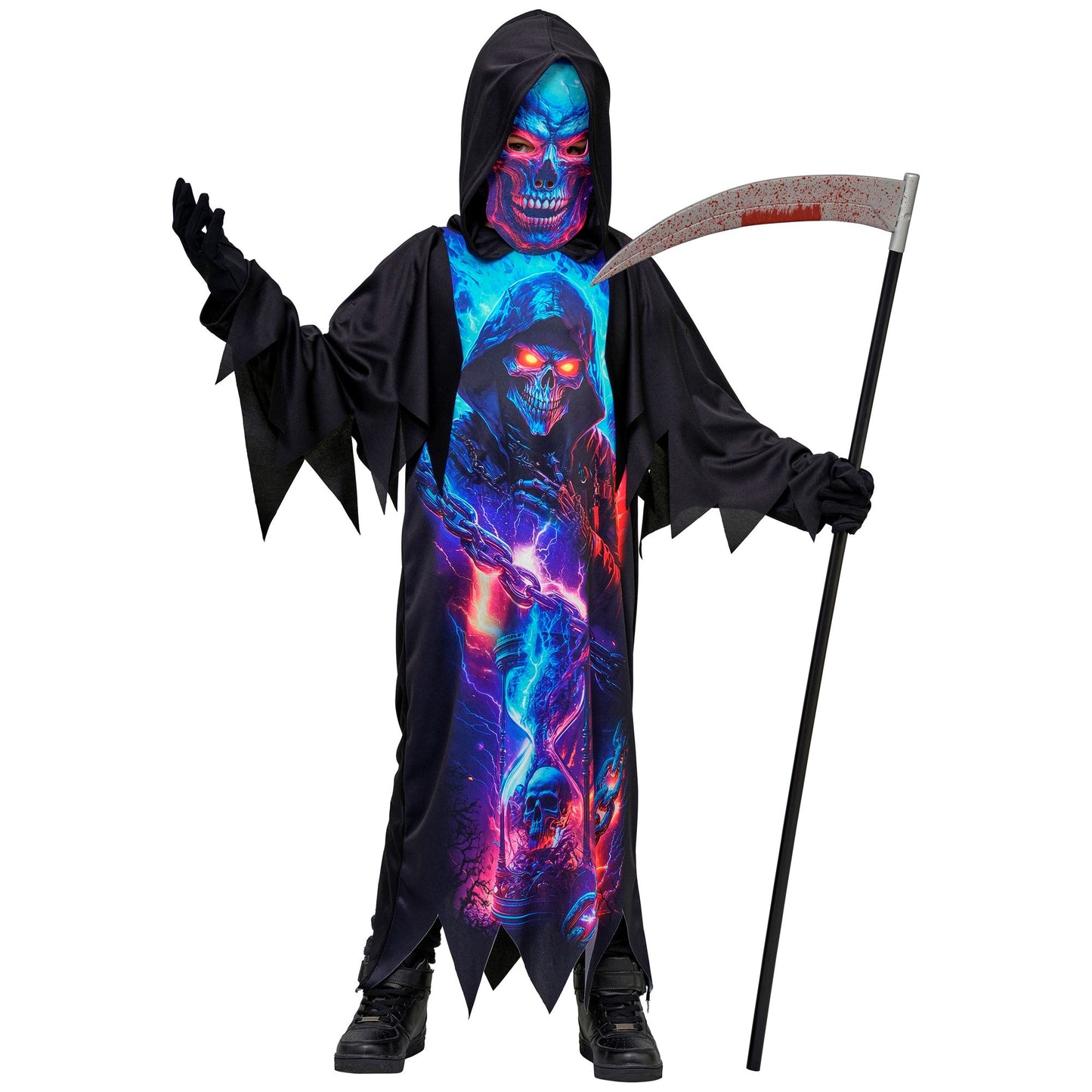 "NEON SENSEMANN" (Robe mit Kapuze, Maske) – Detailansicht