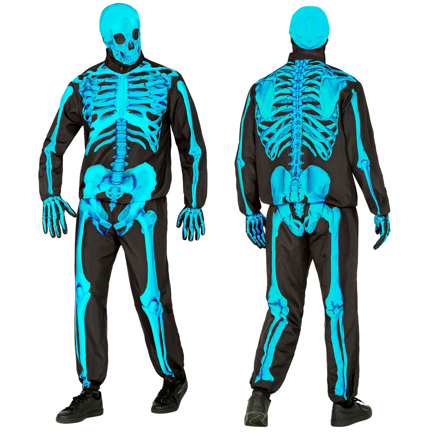 "NEON SKELETT FAST COSTUME" (Oberteil, Hose, Handschuhe, Maske) – Detailansicht