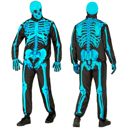 "NEON SKELETT FAST COSTUME" (Oberteil, Hose, Handschuhe, Maske) – Detailansicht