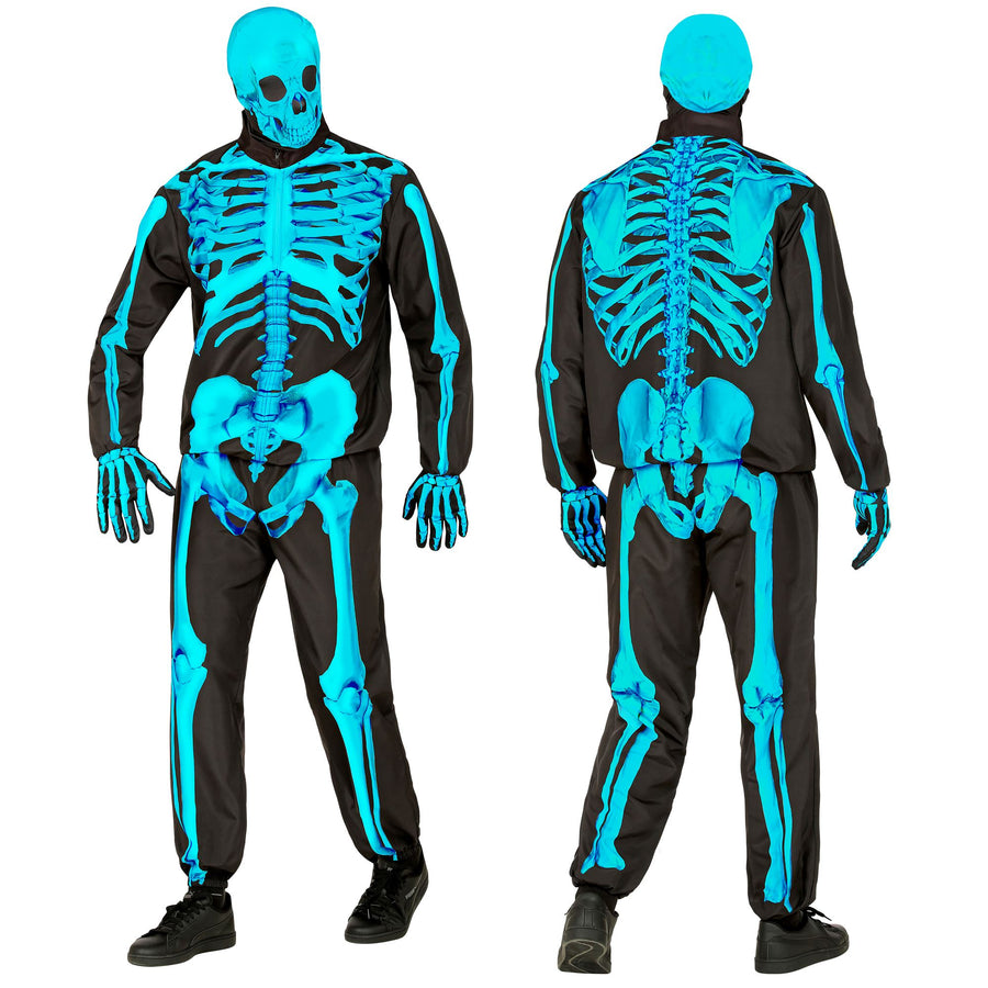 "NEON SKELETT FAST COSTUME" (Oberteil, Hose, Handschuhe, Maske) – Detailansicht
