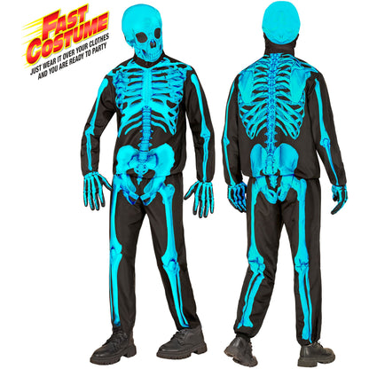 "NEON SKELETT FAST COSTUME" (Oberteil, Hose, Handschuhe, Maske) – Vorderansicht