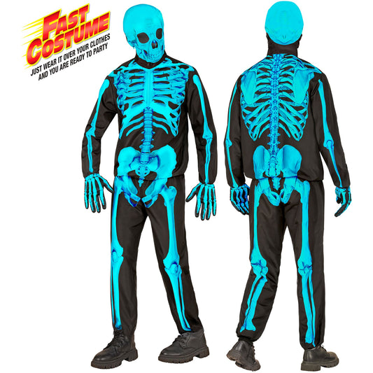 "NEON SKELETT FAST COSTUME" (Oberteil, Hose, Handschuhe, Maske) – Vorderansicht