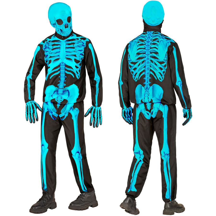 "NEON SKELETT FAST COSTUME" (Oberteil, Hose, Handschuhe, Maske) – Detailansicht
