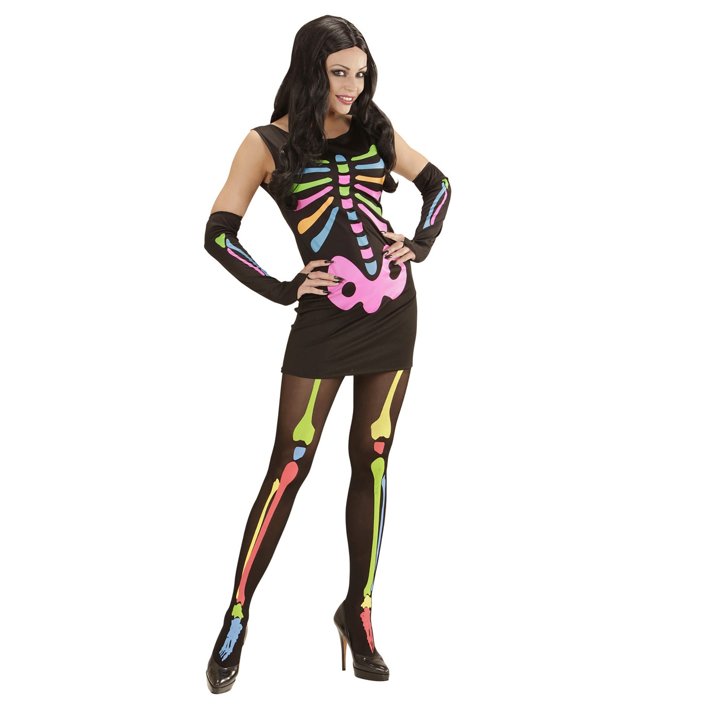 "NEON SKELETT" (Kleid, Handwärmer) – Detailansicht