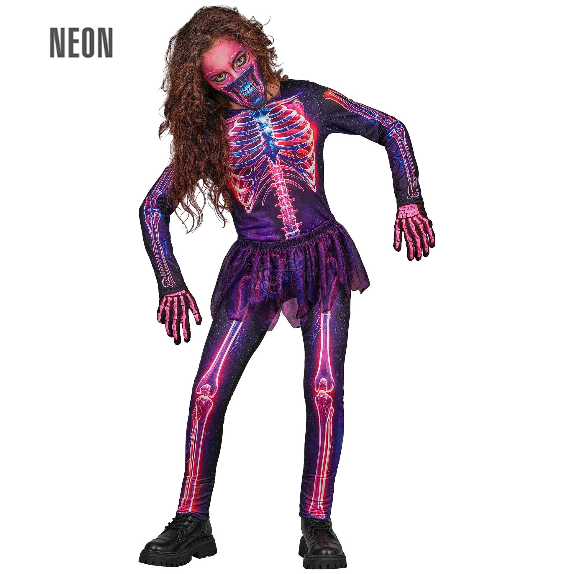 "NEON SKELETT" (Overall,Tütü, Maske) – Vorderansicht