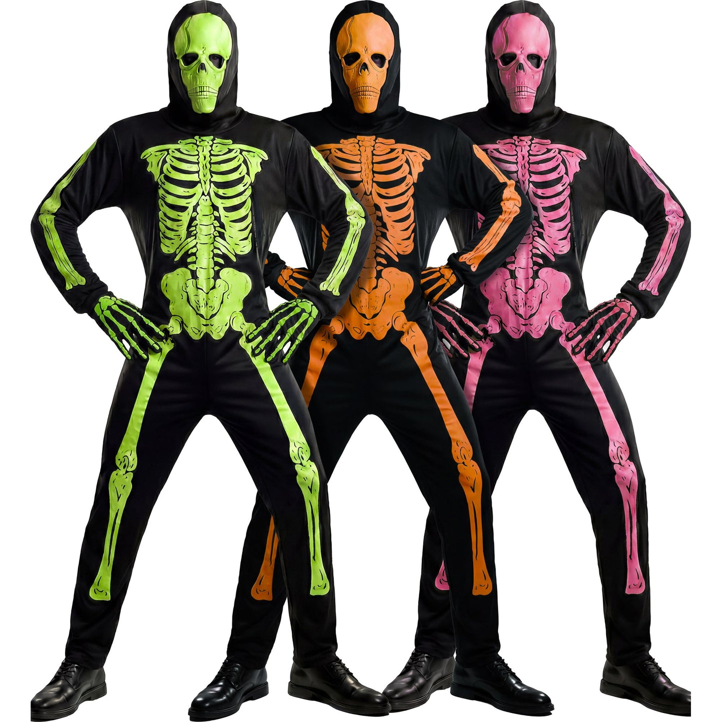 "NEON SKELETT" sort. in 3 Farben (Kostüm, Maske) – Vorderansicht