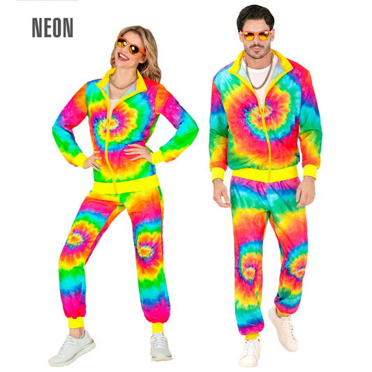 "NEON TIE DYE PSYCHEDELIC HIPPIE PARTY FASHION TRAININGSANZUG" (Oberteil, Hose) – Vorderansicht
