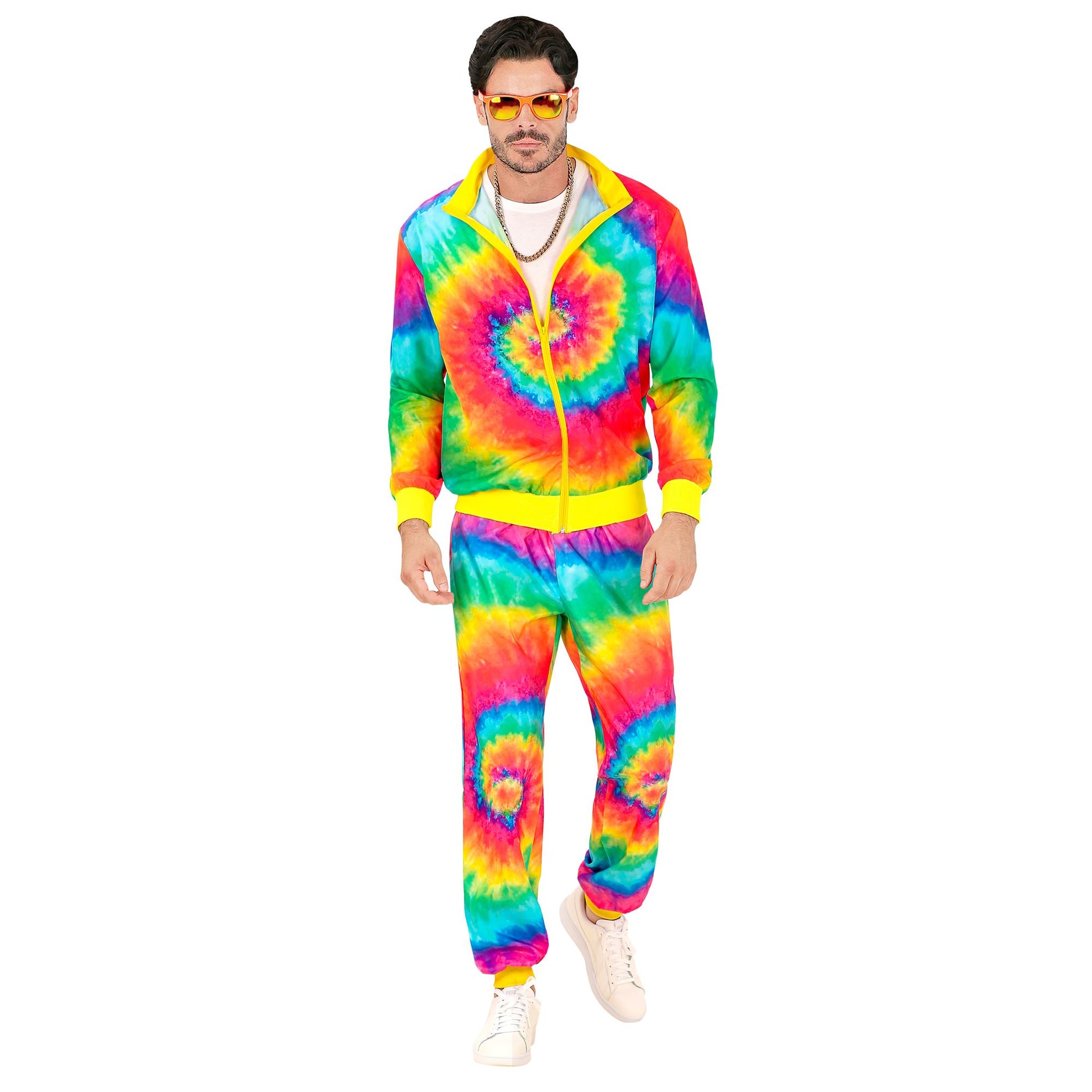 "NEON TIE DYE PSYCHEDELIC HIPPIE PARTY FASHION TRAININGSANZUG" (Oberteil, Hose) – Detailansicht