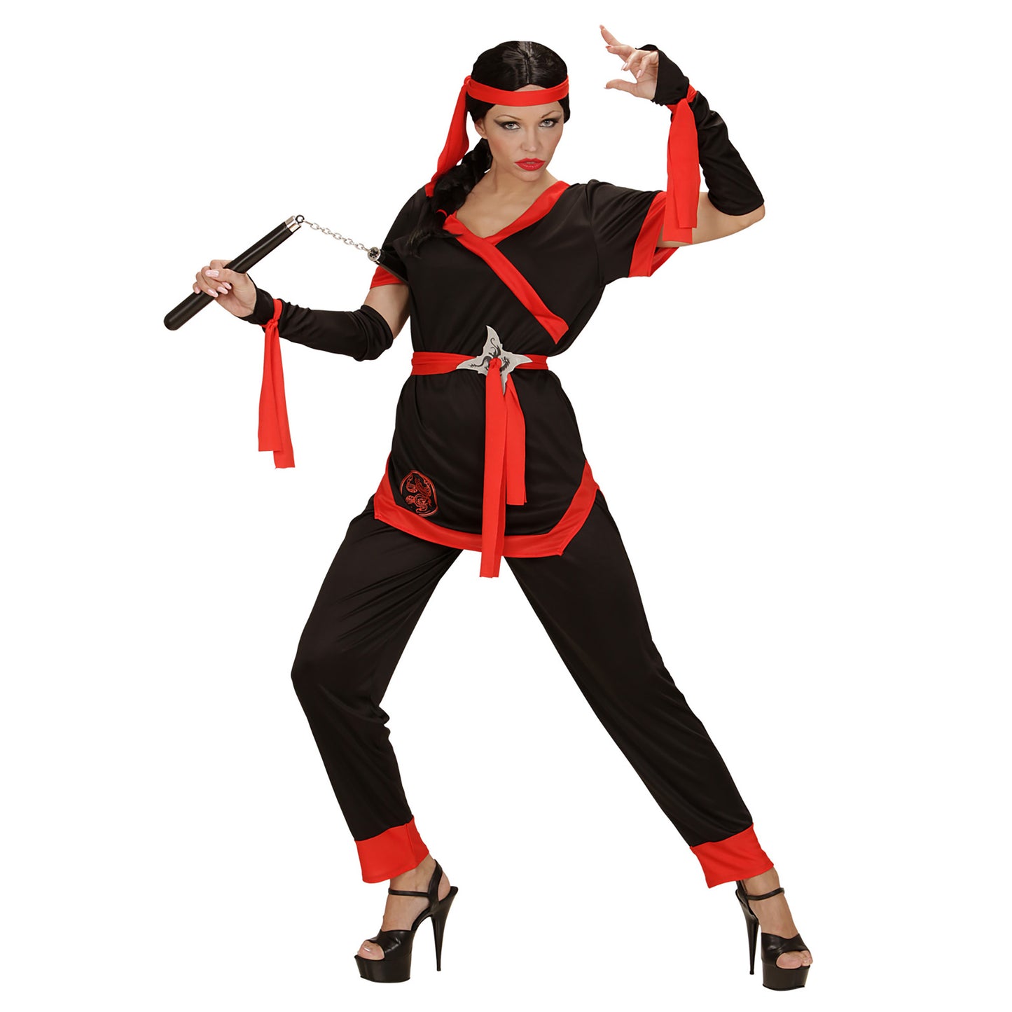"NINJA GIRL" (Jacke, Hose, Gürtel, fingerlose Handschuhe, Schnüre, Stirnband) – Vorderansicht