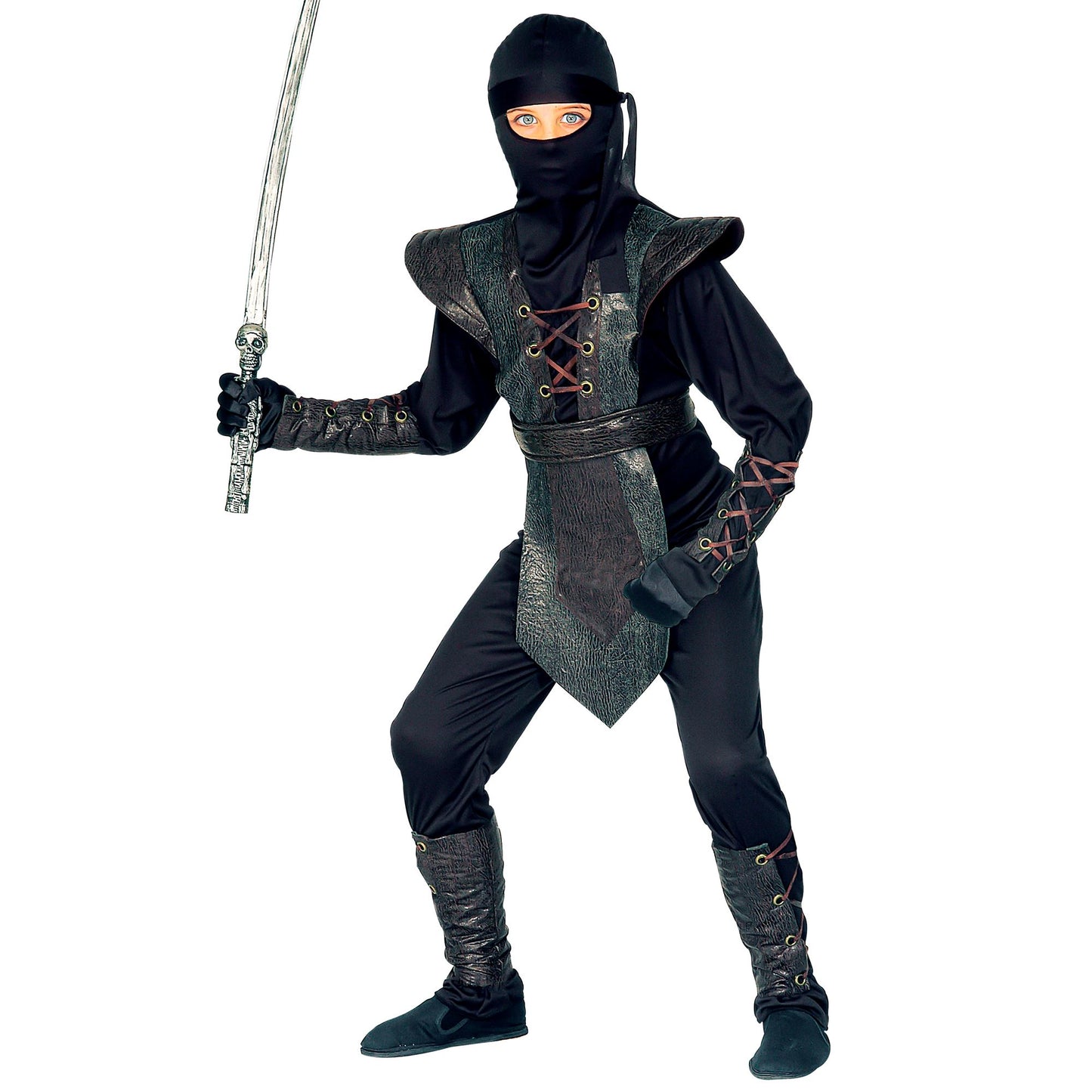 "NINJA MASTER" (Kostüm, Armatur, Gürtel, Armbänder, Maske, Kopfband) – Vorderansicht