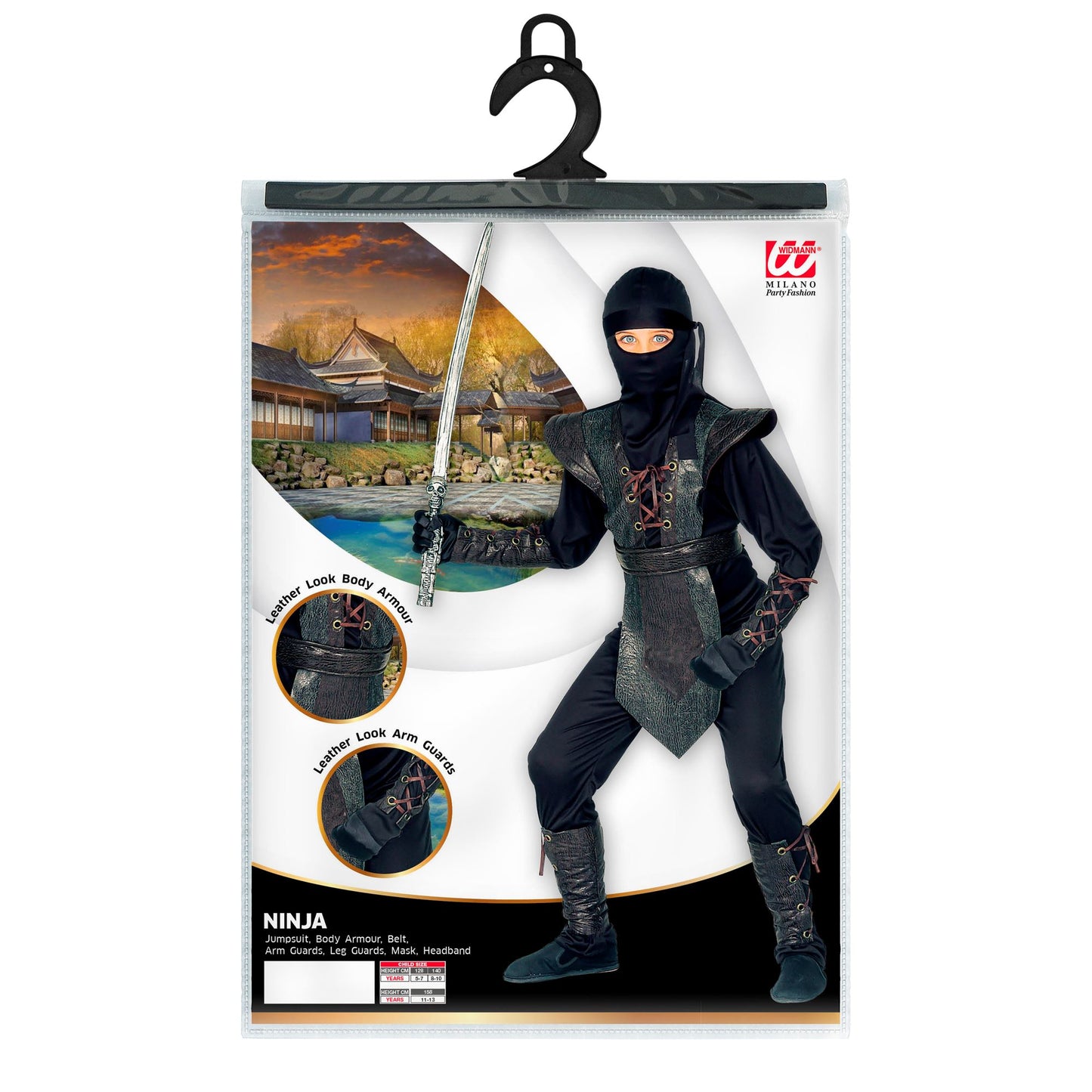 "NINJA MASTER" (Kostüm, Armatur, Gürtel, Armbänder, Maske, Kopfband) – Detailansicht