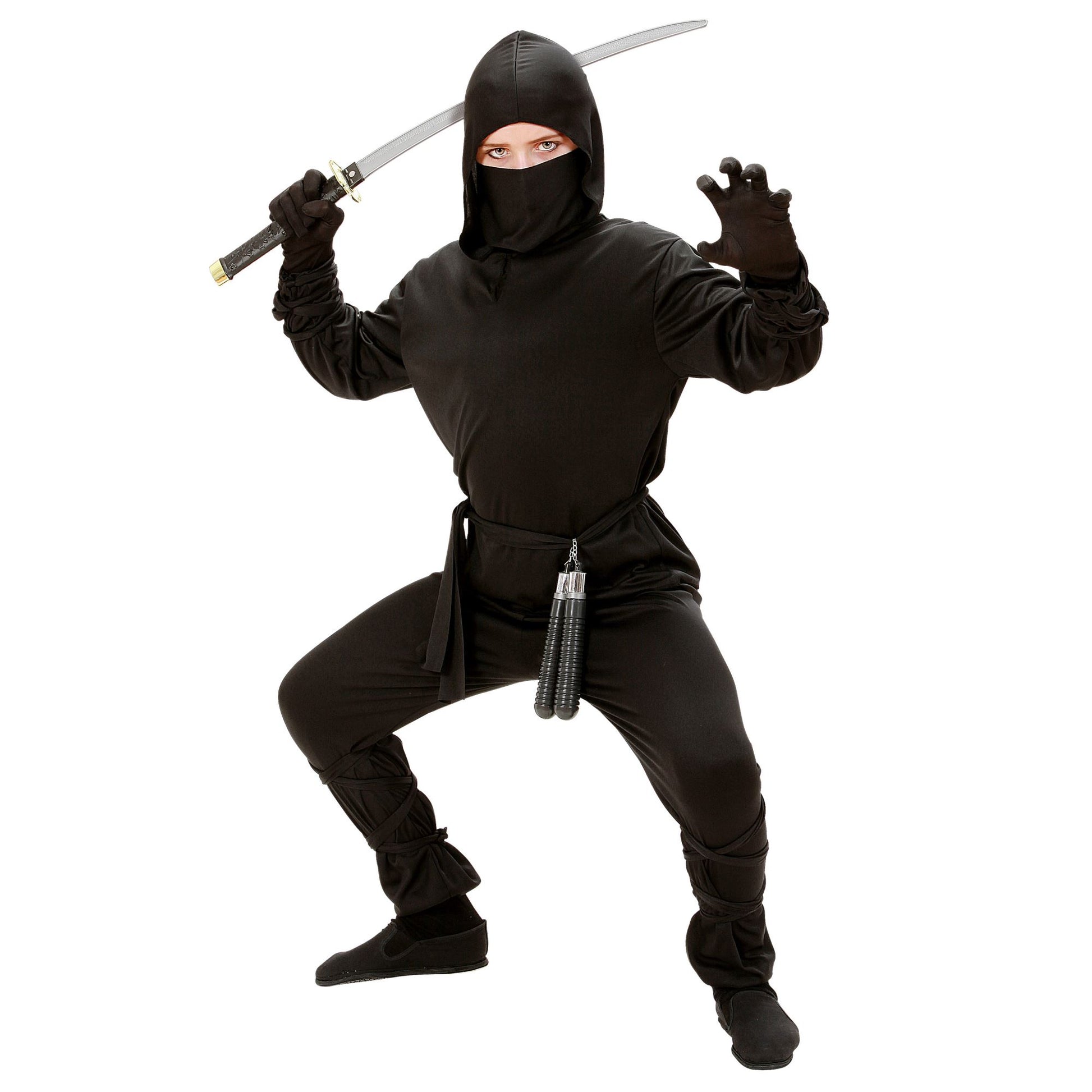 "NINJA" (Oberteil mit Kapuze, Hose, Gürtel, Maske, Arm und- Beinbänder) – Vorderansicht