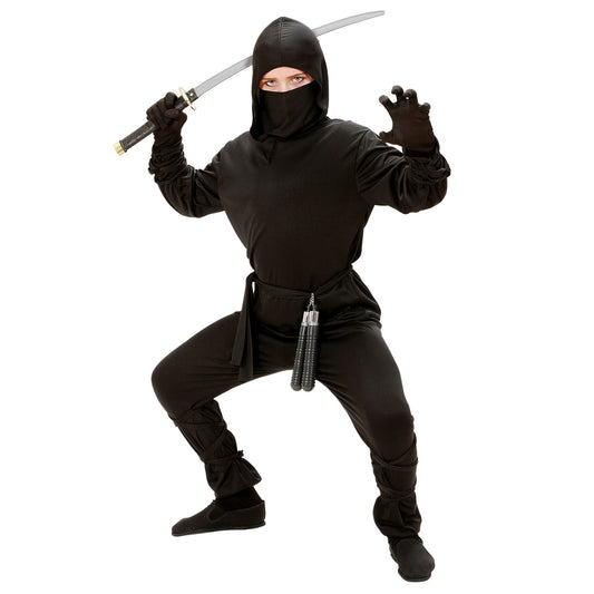 "NINJA" (Oberteil mit Kapuze, Hose, Gürtel, Maske, Arm und- Beinbänder) – Vorderansicht