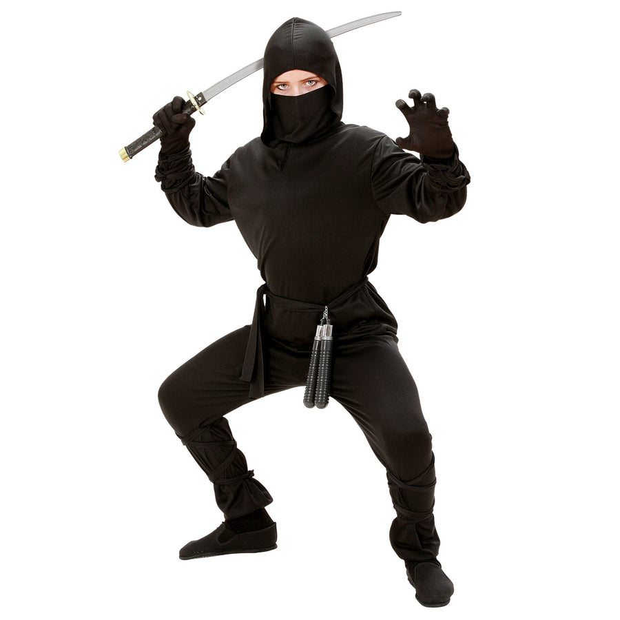 "NINJA" (Oberteil mit Kapuze, Hose, Gürtel, Maske, Arm und- Beinbänder) – Vorderansicht