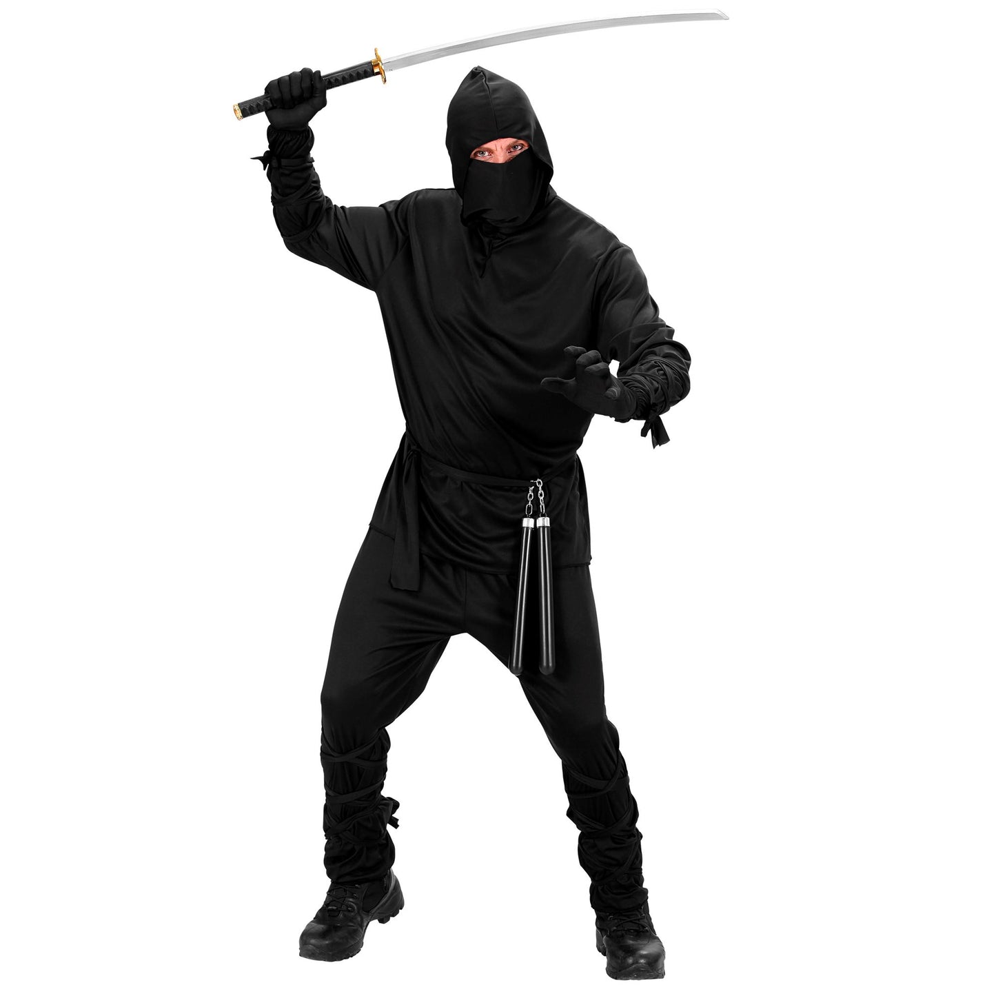 "NINJA" (Oberteil mit Kapuze, Hose, Gürtel, Maske, Arm- und Beinbänder) – Vorderansicht