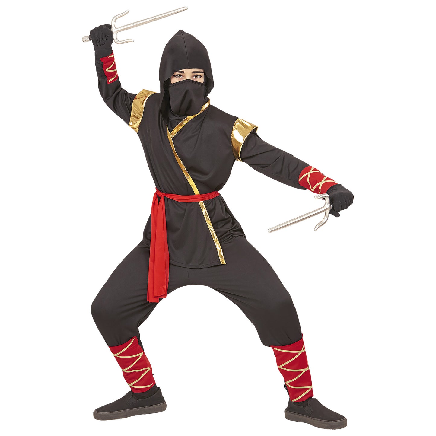 "NINJA" (Oberteil mit Kapuze, Hose, Gürtel, Maske, Arm- und Beinbinden) – Vorderansicht