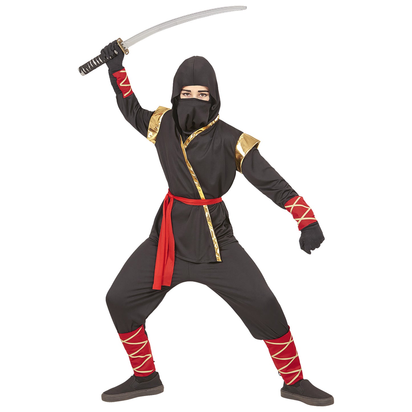 "NINJA" (Oberteil mit Kapuze, Hose, Gürtel, Maske, Arm- und Beinbinden) – Detailansicht