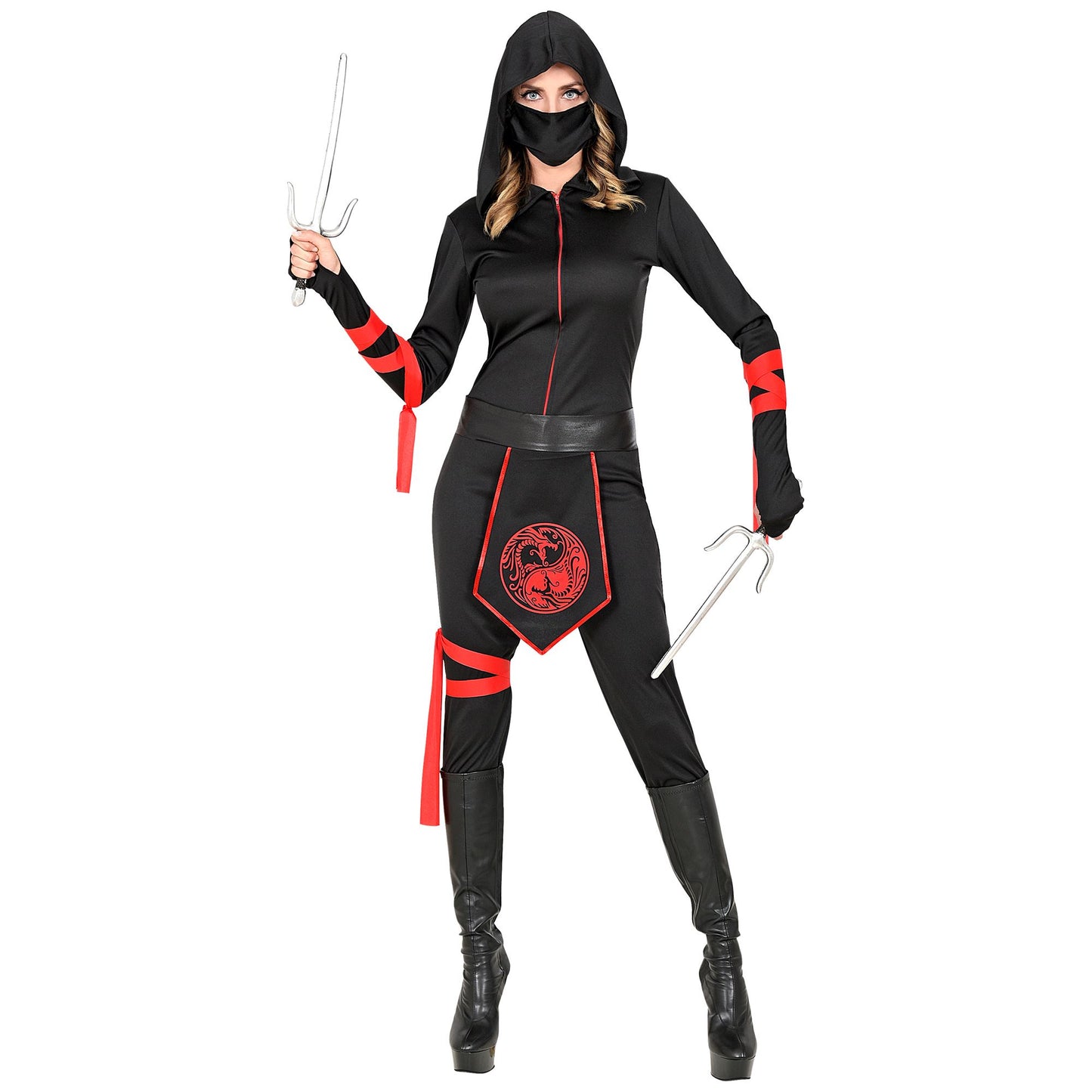 "NINJA" (Overall mit Kapuze, Gesichtsmaske, Gürtel, Armschnüre, Beinschnur) – Vorderansicht