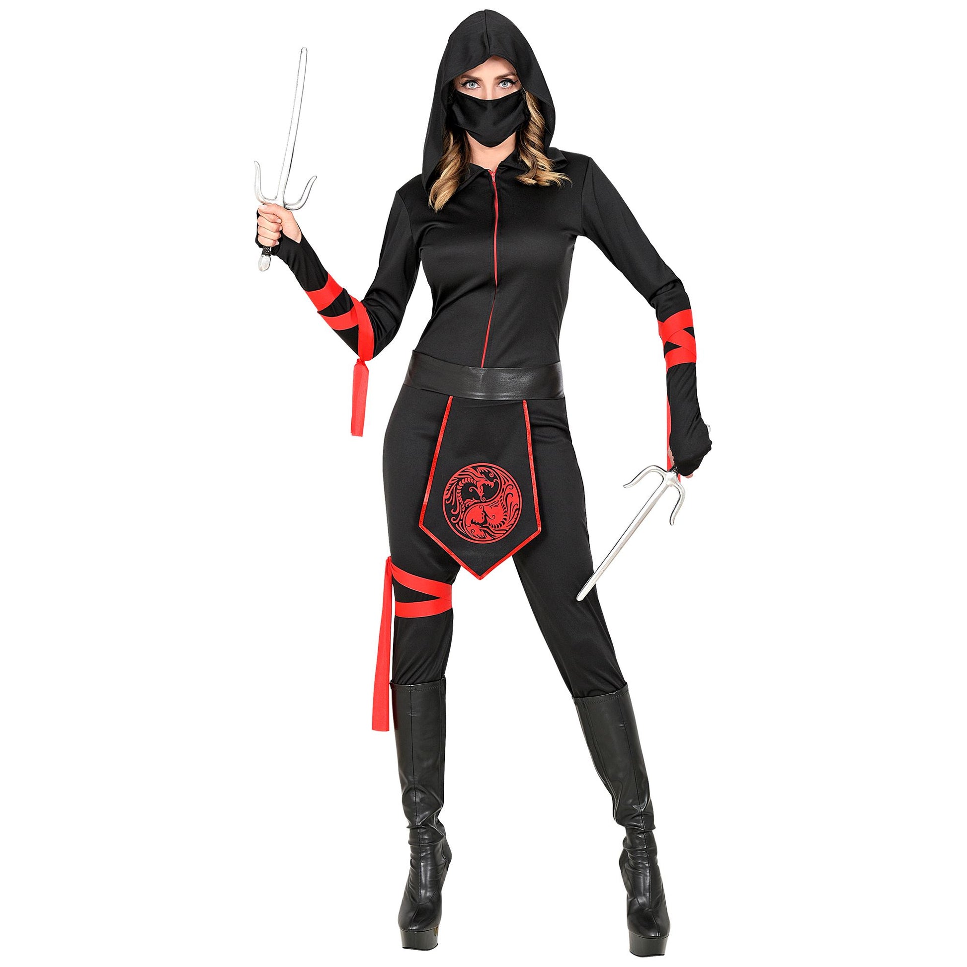 "NINJA" (Overall mit Kapuze, Gesichtsmaske, Gürtel, Armschnüre, Beinschnur) – Vorderansicht