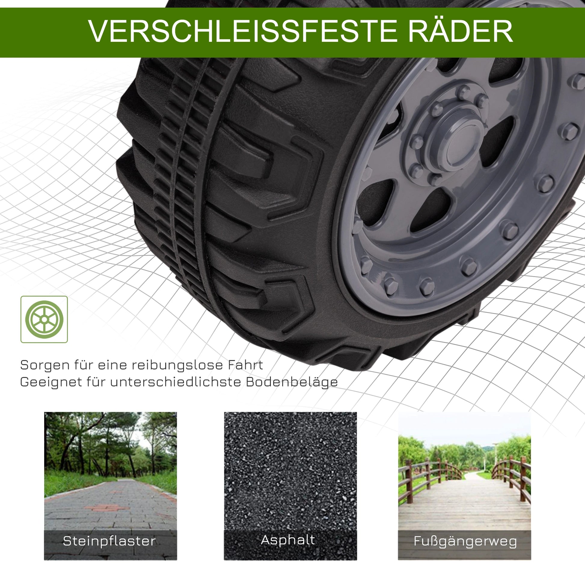 Grünes Elektro-Quad für Kinder mit breiten Reifen und Musikfunktion, geeignet für 18-36 Monate.