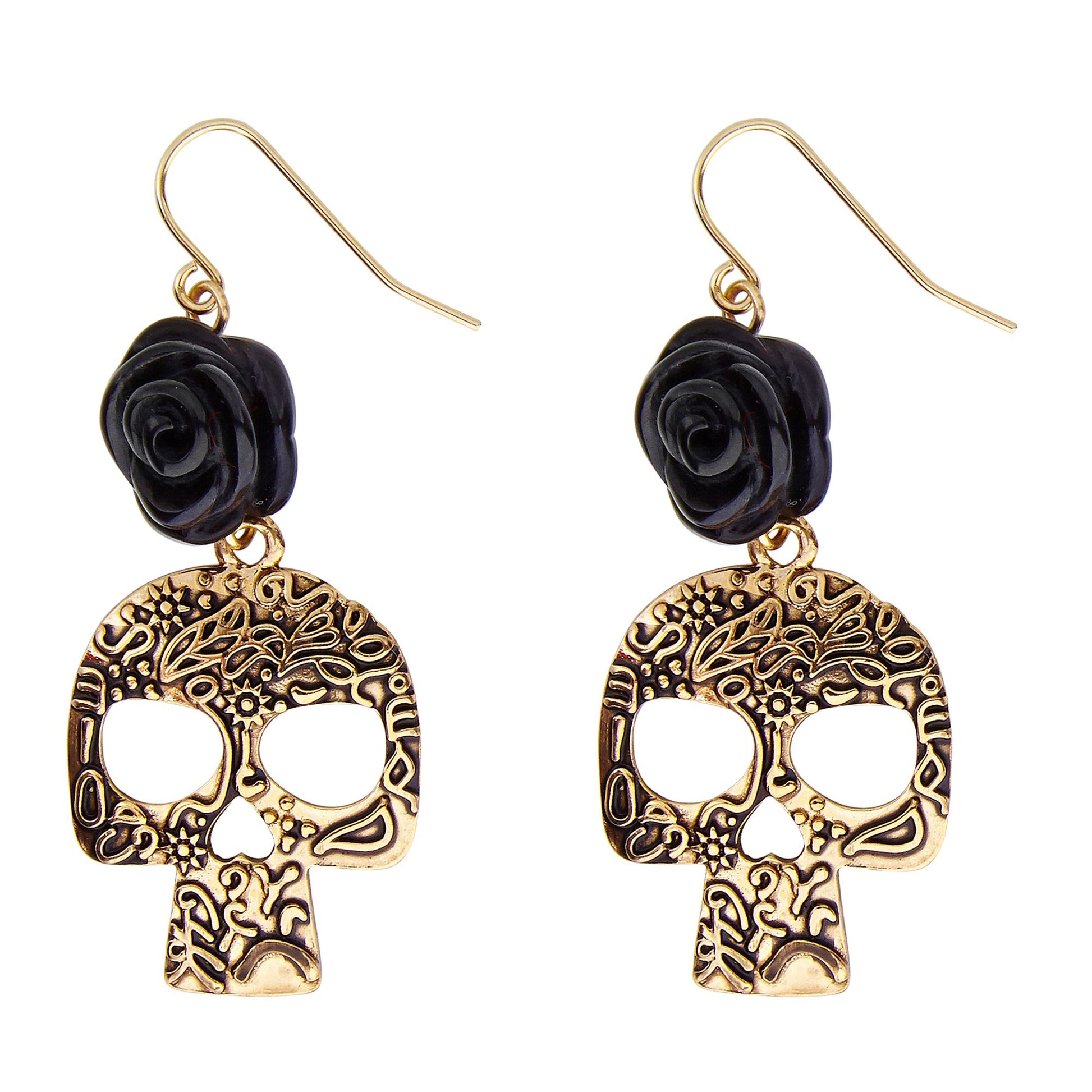 "OHRRINGE MIT SCHWARZER ROSE UND GOLDENEM TOTENKOPF" – Vorderansicht