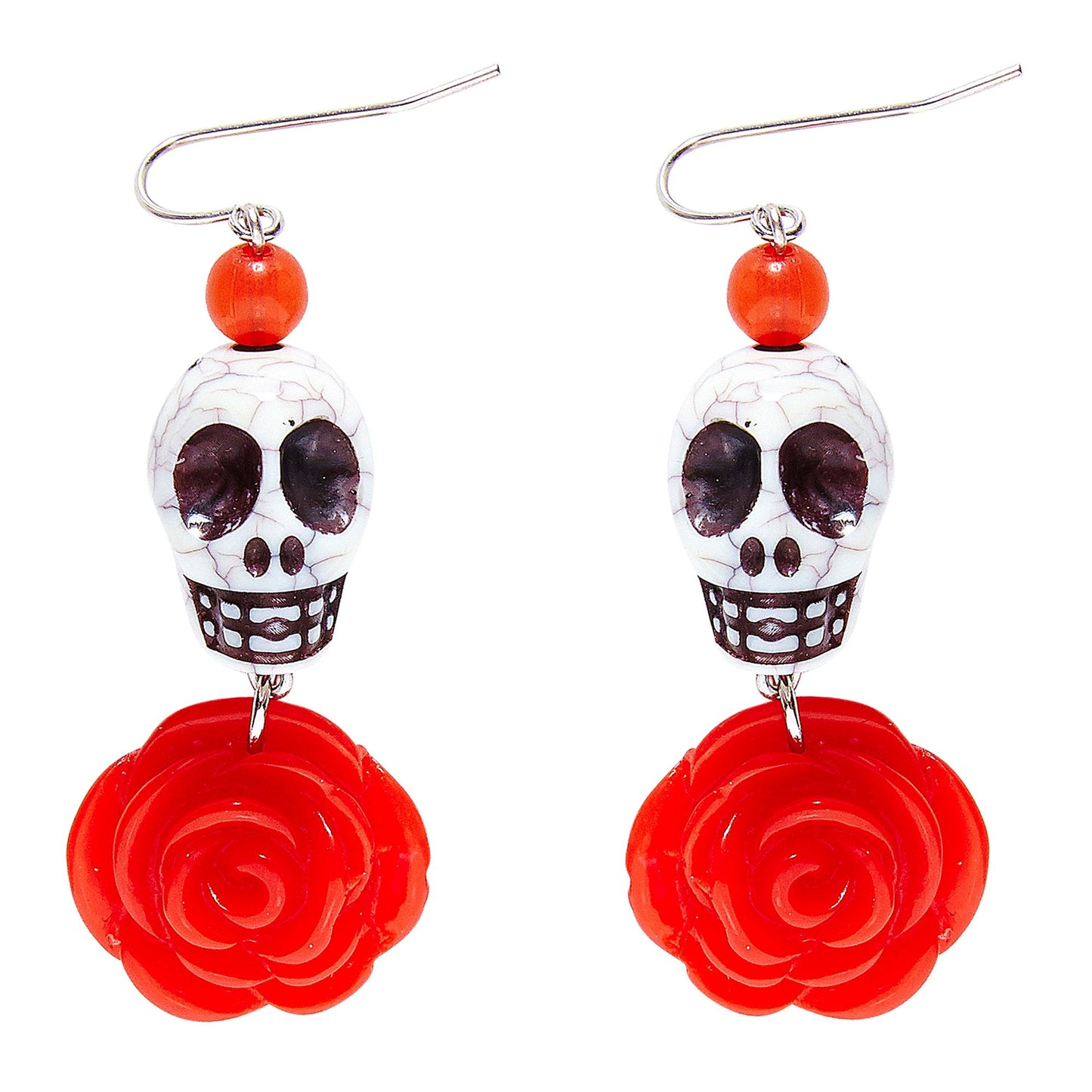 "OHRRINGE MIT WEISSEM TOTENKOPF UND ROTER ROSE" – Vorderansicht