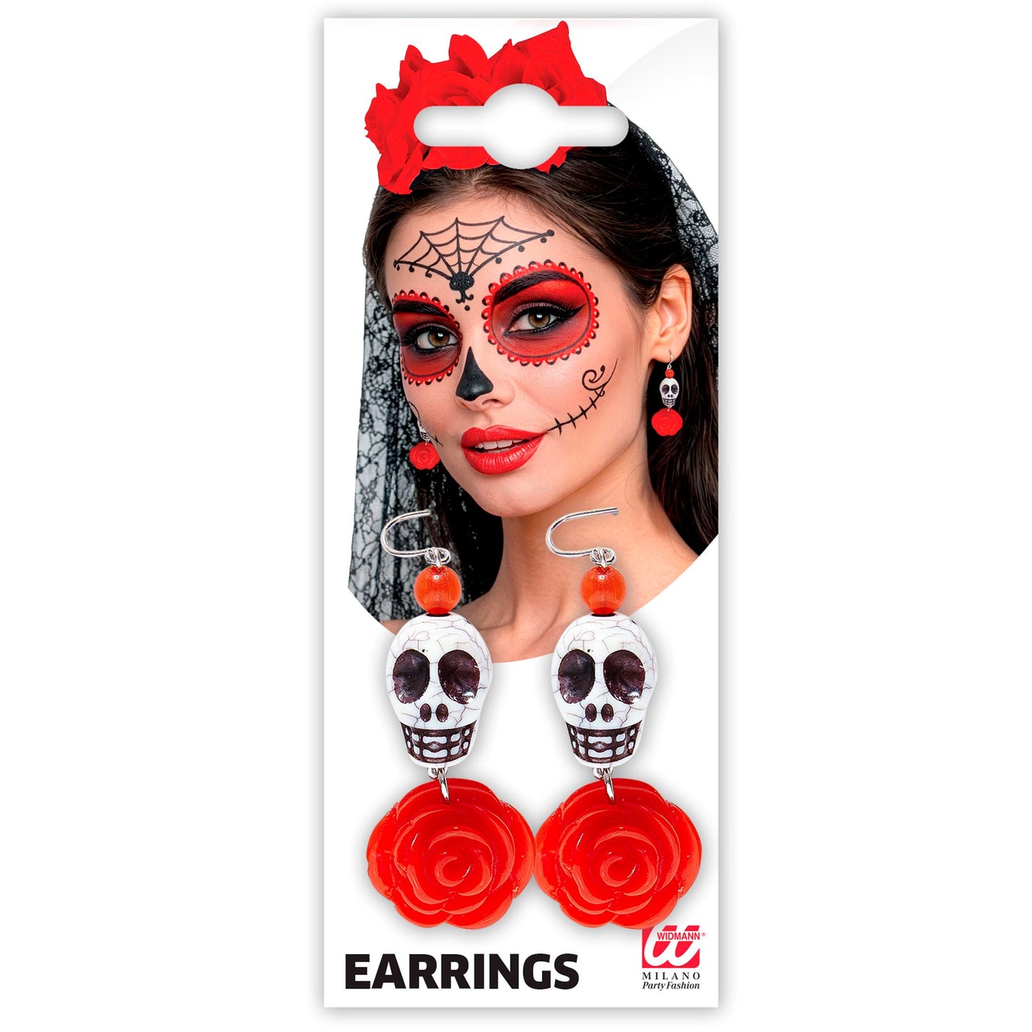 "OHRRINGE MIT WEISSEM TOTENKOPF UND ROTER ROSE" – Detailansicht