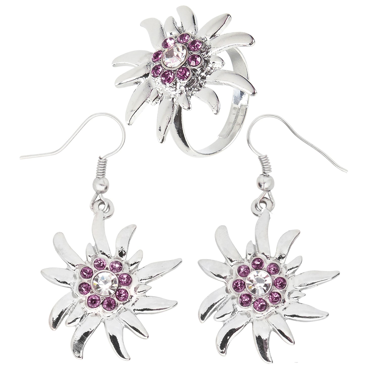 "OHRRINGE UND RING EDELWEISS MIT KLAREN UND ROSA STRASS" – Vorderansicht