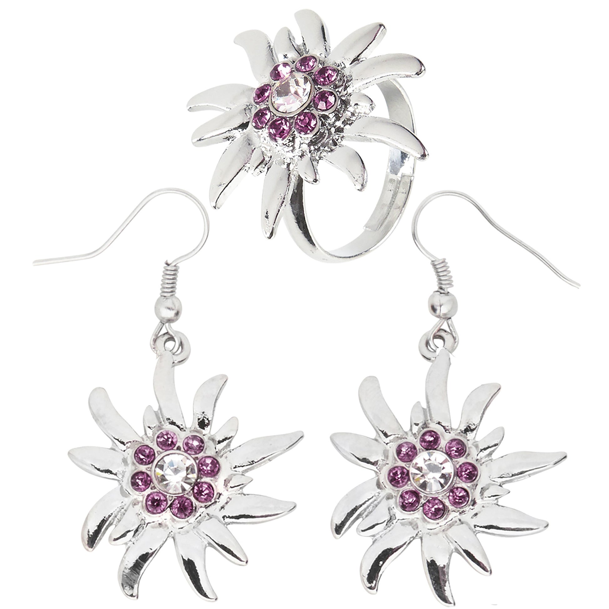 "OHRRINGE UND RING EDELWEISS MIT KLAREN UND ROSA STRASS" – Vorderansicht