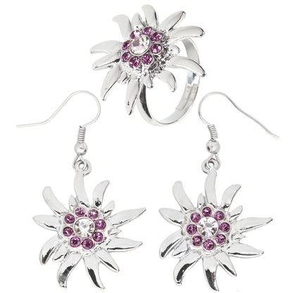 "OHRRINGE UND RING EDELWEISS MIT KLAREN UND ROSA STRASS" – Vorderansicht