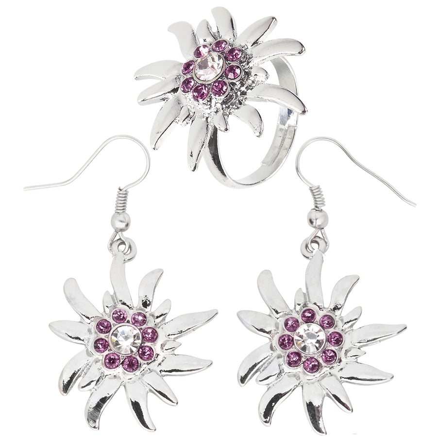 "OHRRINGE UND RING EDELWEISS MIT KLAREN UND ROSA STRASS" – Vorderansicht