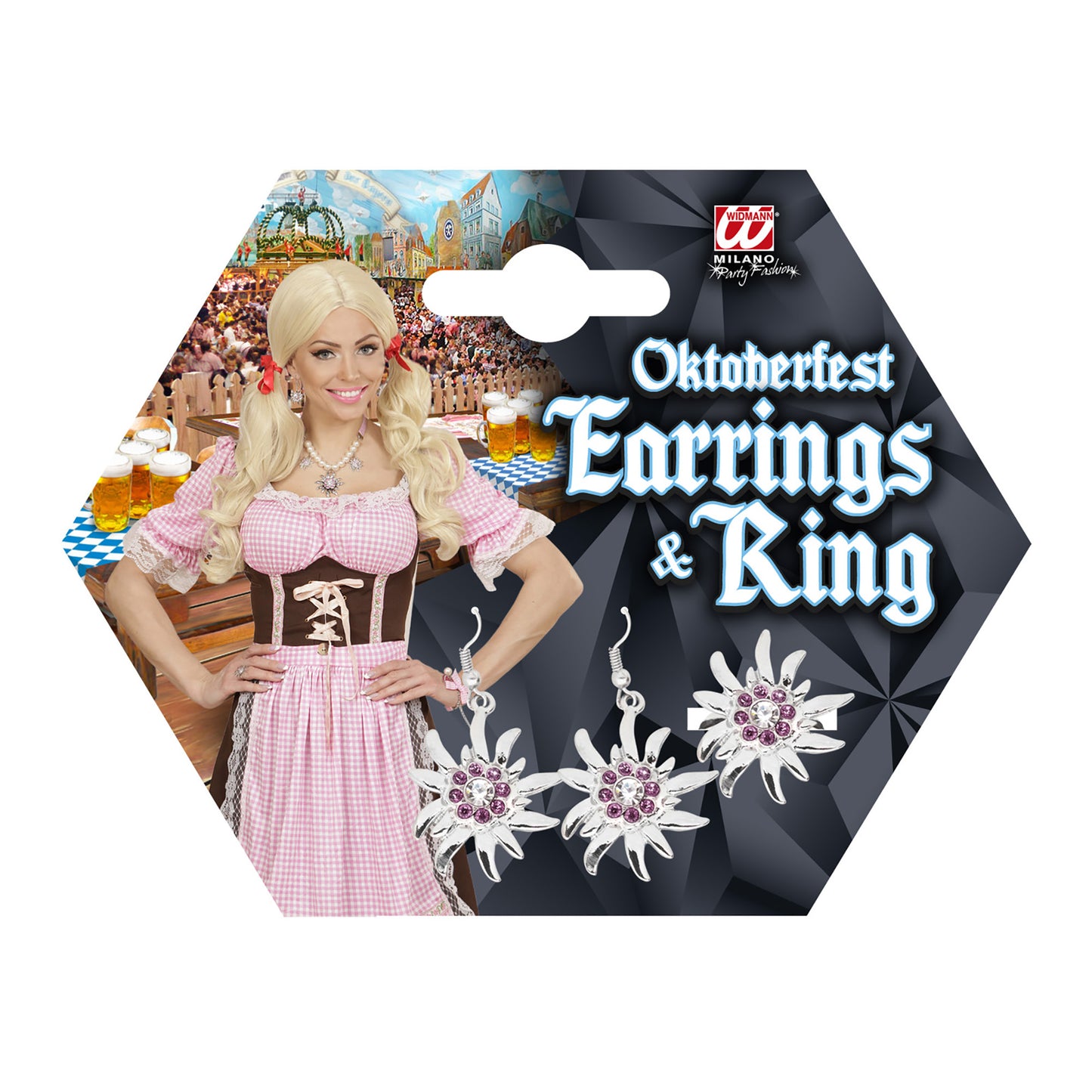 "OHRRINGE UND RING EDELWEISS MIT KLAREN UND ROSA STRASS" – Detailansicht