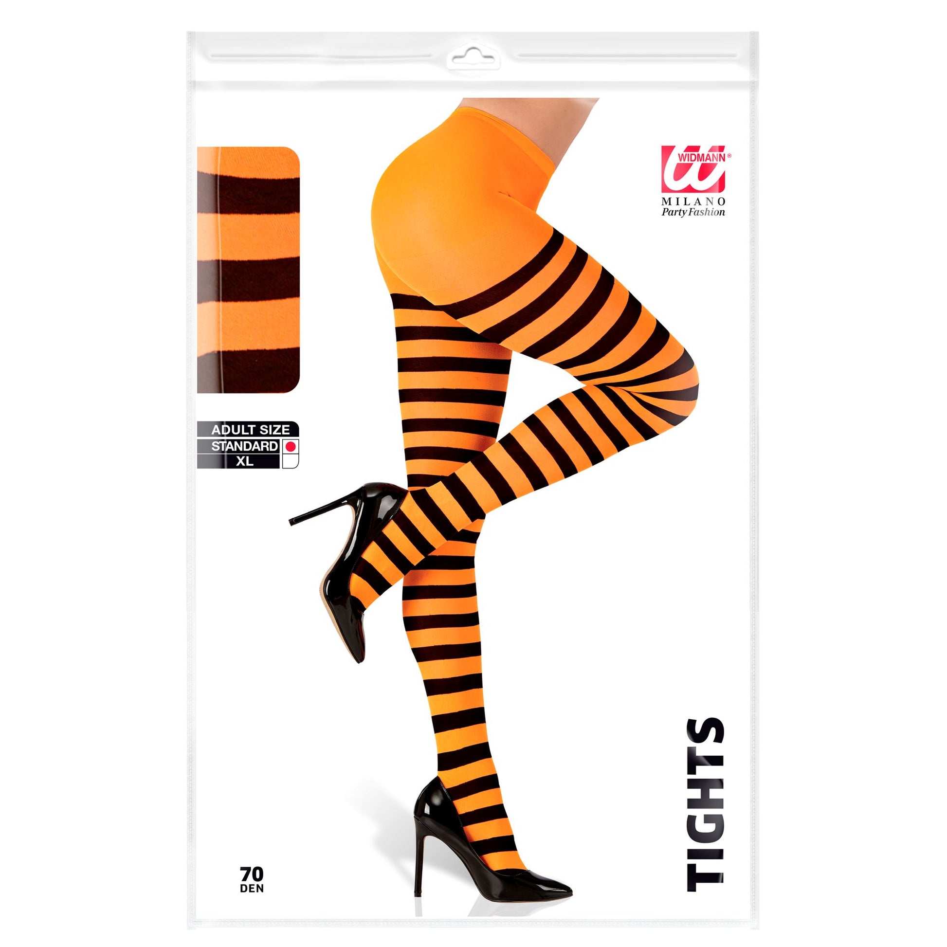 "ORANGE-SCHWARZ GESTREIFTE STRUMPFHOSE" 70 DEN – Detailansicht