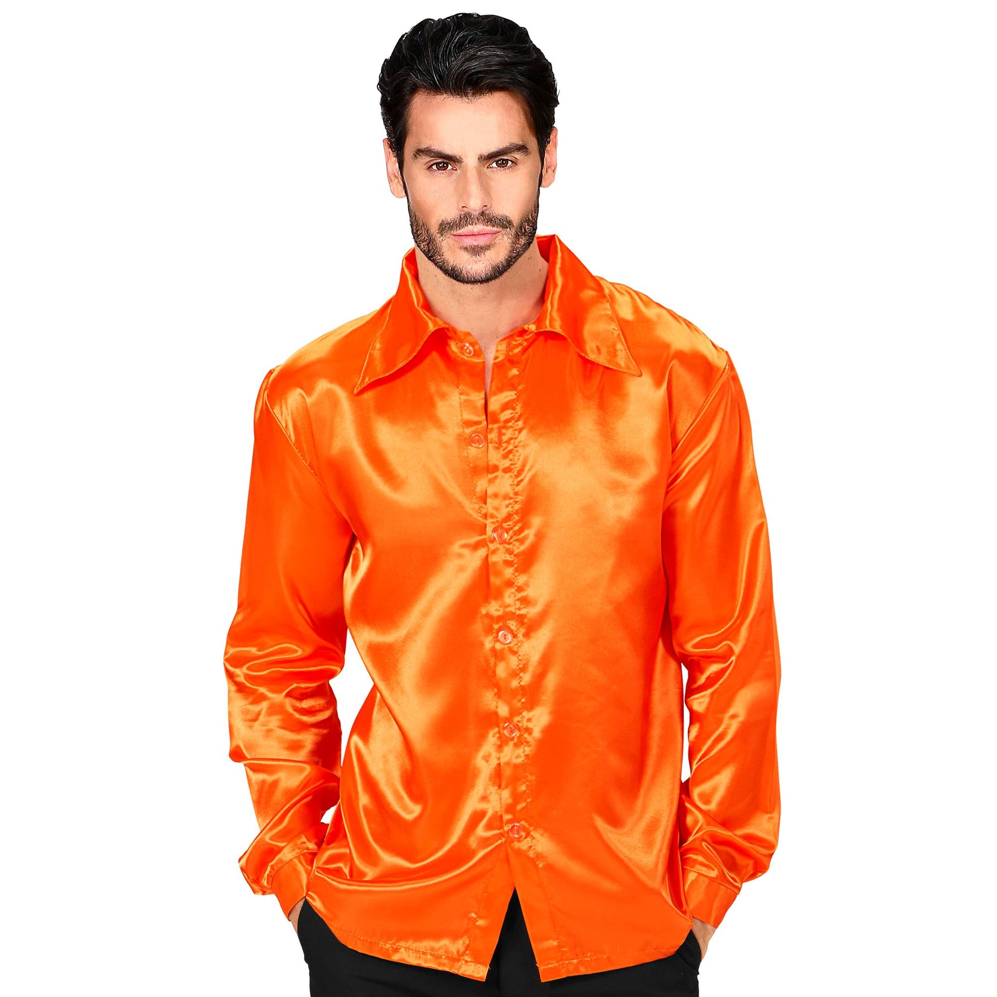 "ORANGEFARBENES 70ER JAHRE DISCOHEMD" aus Satin – Vorderansicht