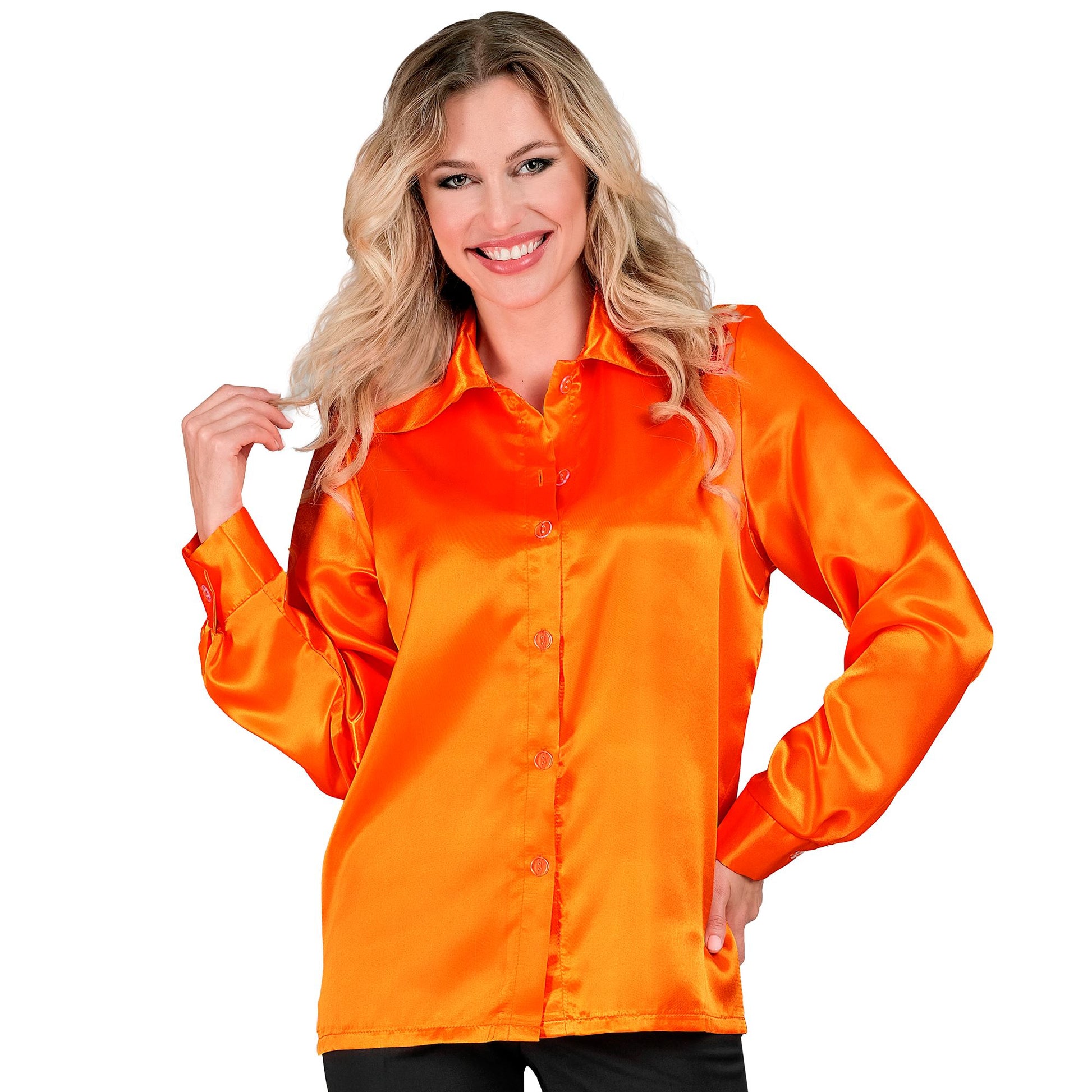"ORANGENE 70s DISCO BLUSE" aus Satin – Vorderansicht