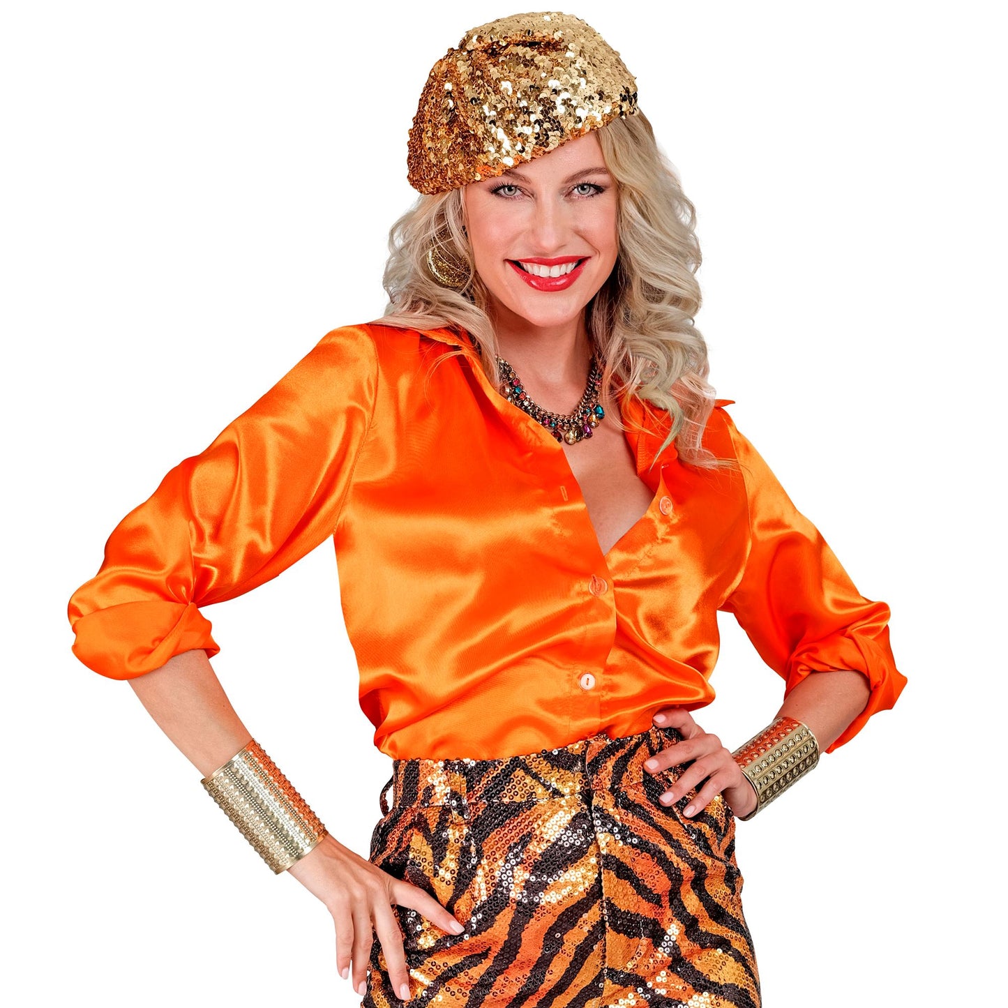 "ORANGENE 70s DISCO BLUSE" aus Satin – Detailansicht