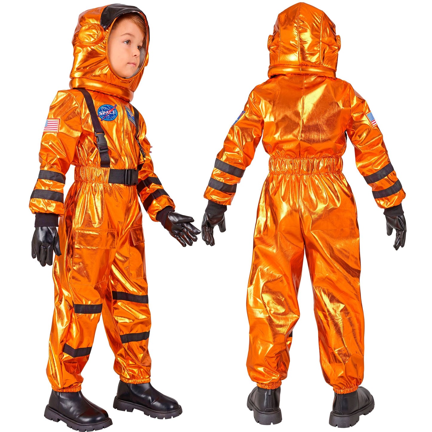 Oranger Astronaut Commander Kostüm mit Helm für Kinder Widmann – Rückansicht