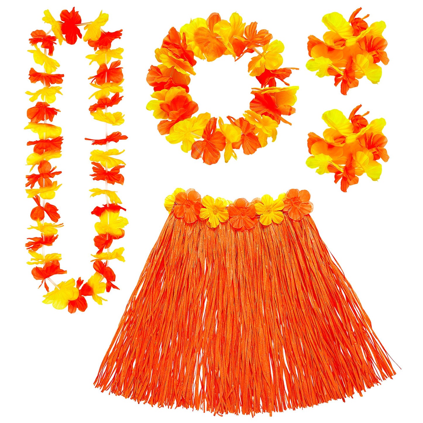 "ORANGENES HAWAII-SET" (Bastrock mit Blumengürtel, Halskette, Stirnband, 2 Armbänder) – Vorderansicht