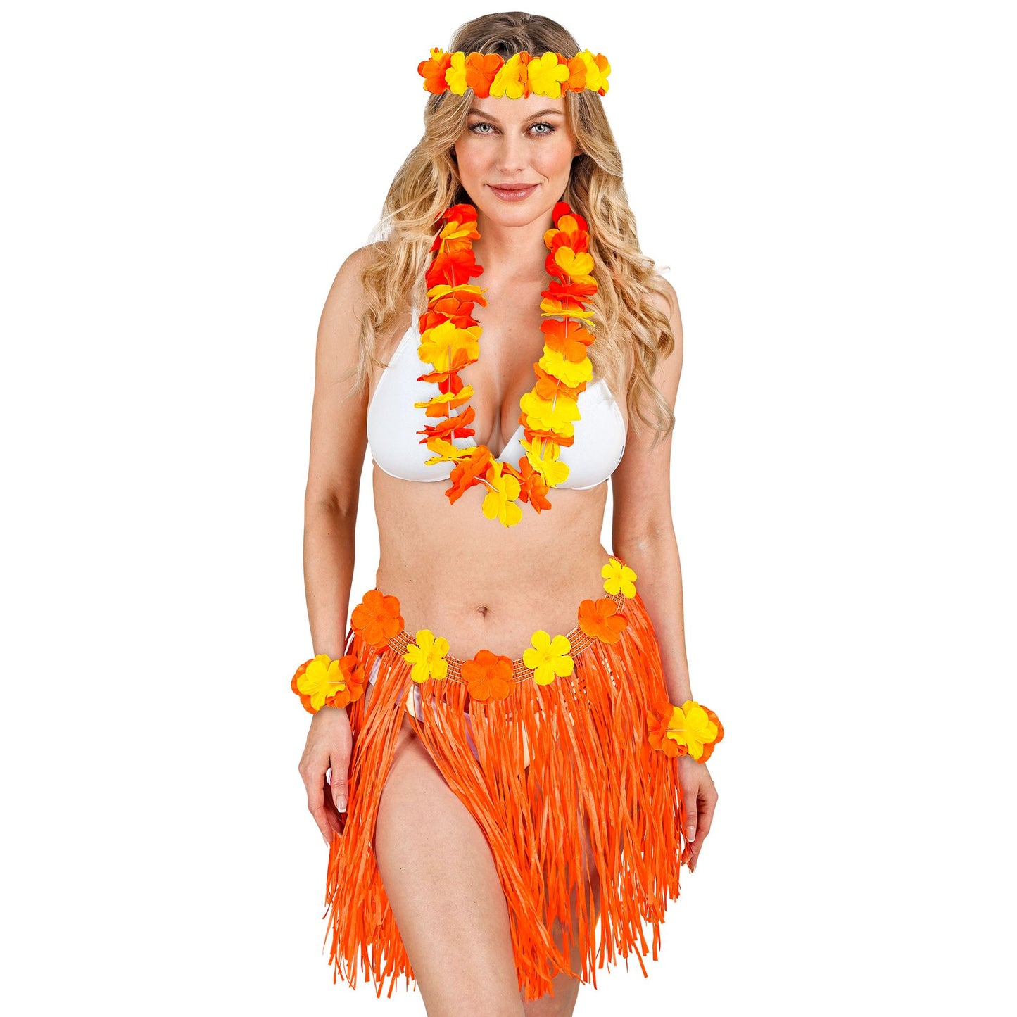 "ORANGENES HAWAII-SET" (Bastrock mit Blumengürtel, Halskette, Stirnband, 2 Armbänder) – Detailansicht