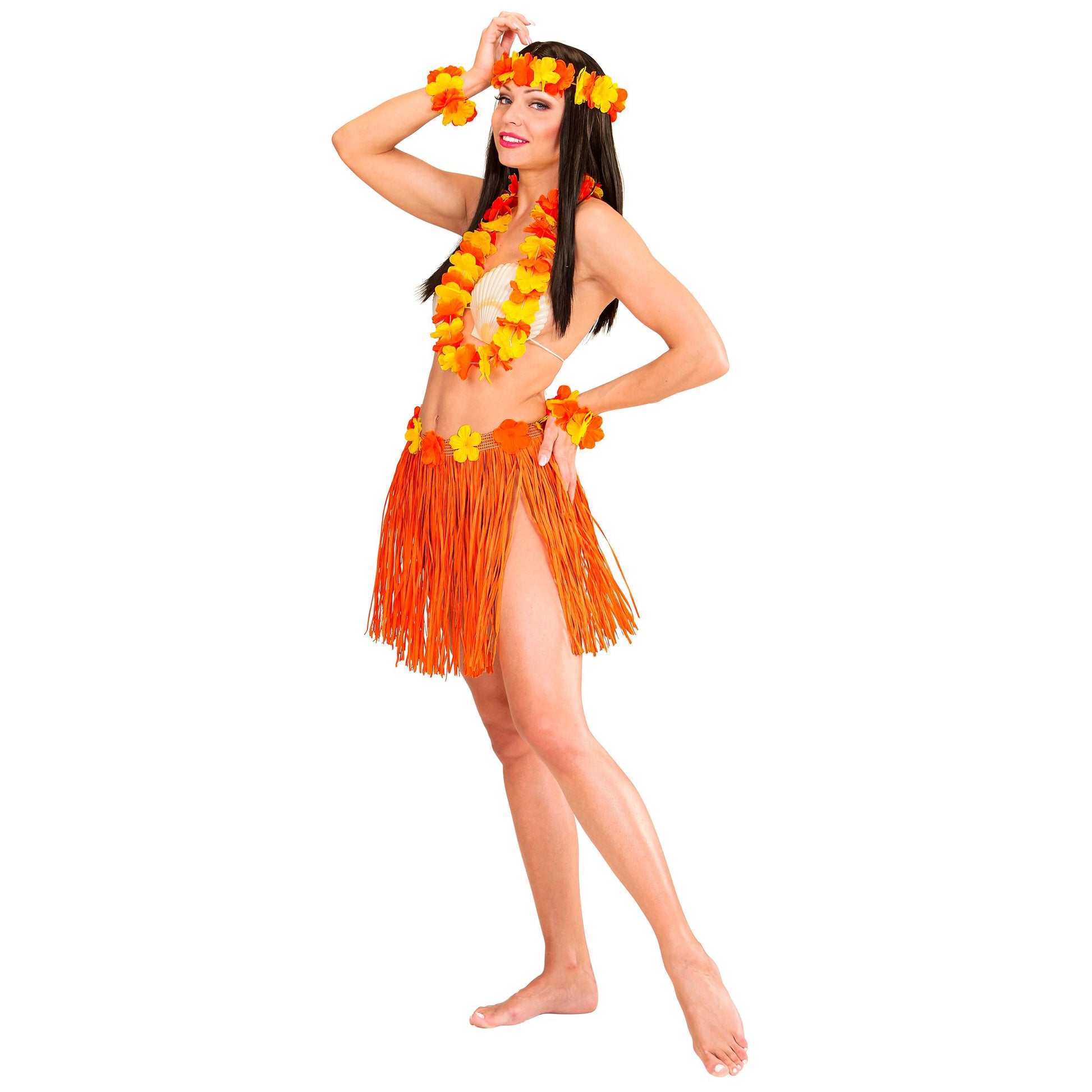 "ORANGENES HAWAII-SET" (Bastrock mit Blumengürtel, Halskette, Stirnband, 2 Armbänder) – Ansicht 3