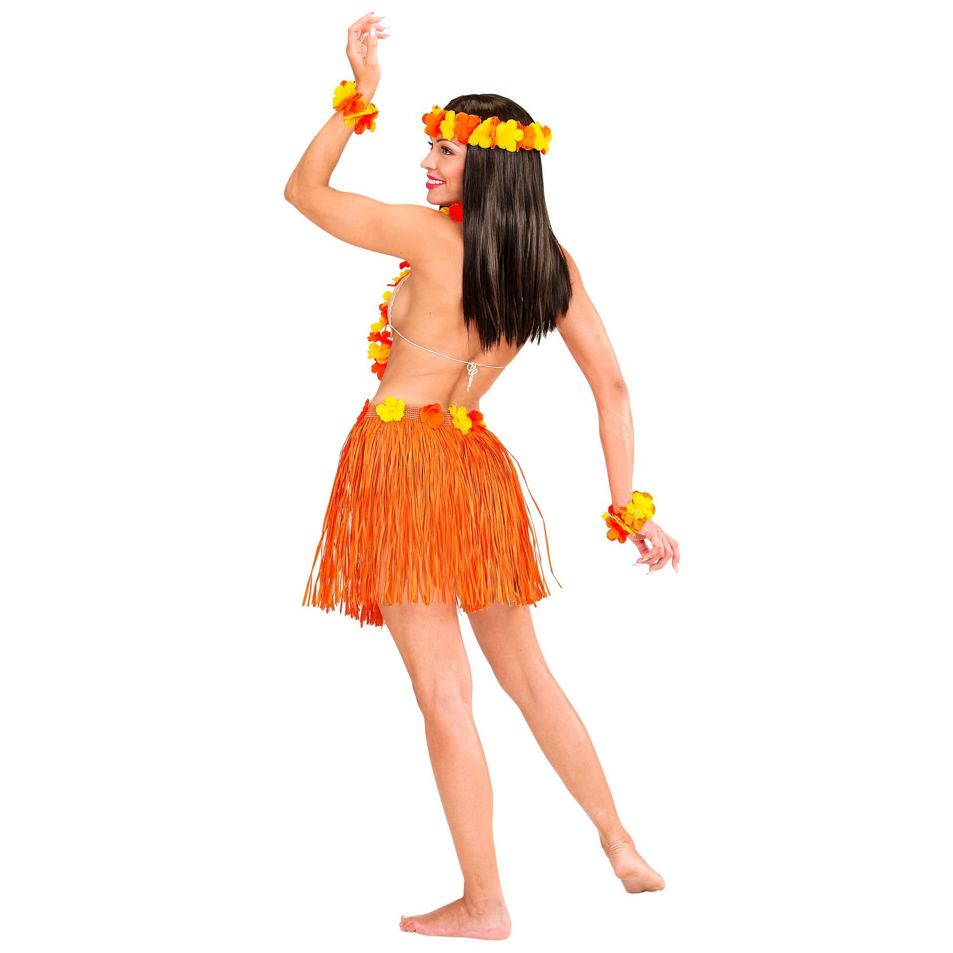 "ORANGENES HAWAII-SET" (Bastrock mit Blumengürtel, Halskette, Stirnband, 2 Armbänder) – Ansicht 4