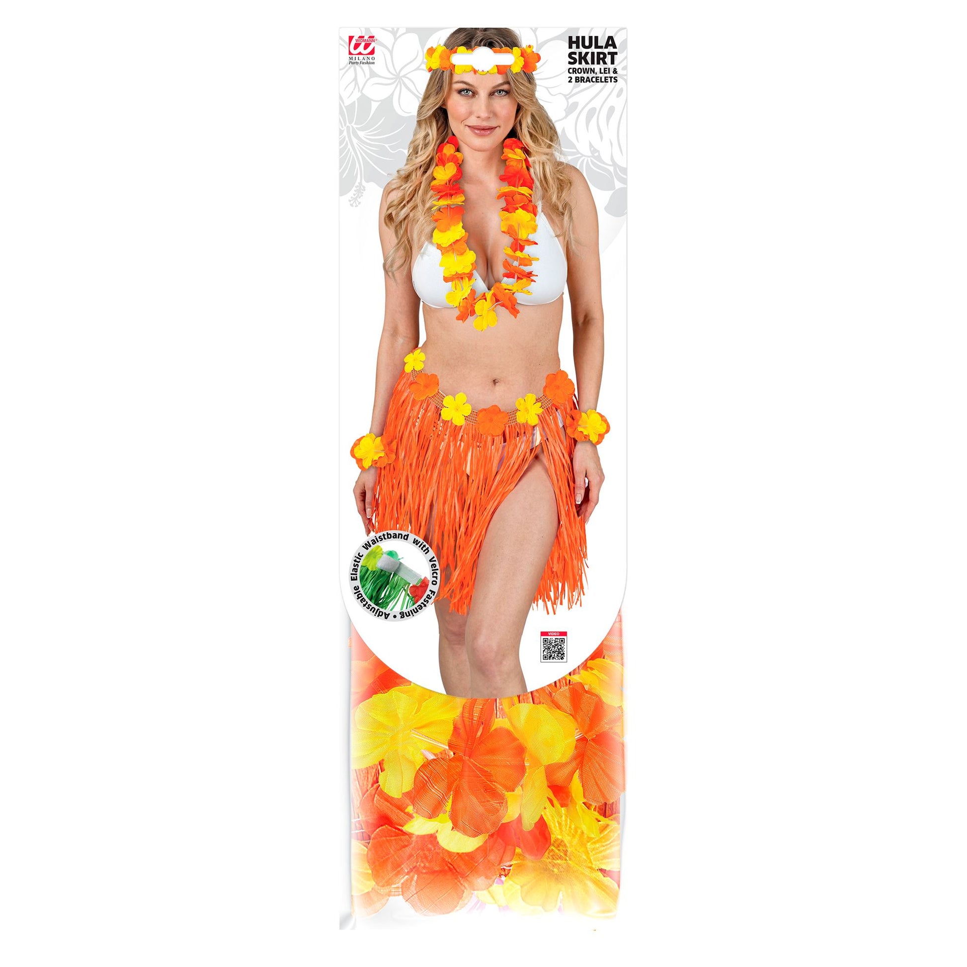 "ORANGENES HAWAII-SET" (Bastrock mit Blumengürtel, Halskette, Stirnband, 2 Armbänder) – Ansicht 5
