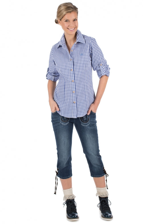 Trachtenbluse Damen Langarm – OS Trachten Blau Kariert Mit Hirschstickerei - Fasnacht24.ch