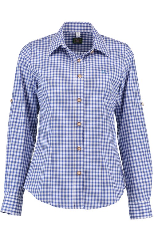 Trachtenbluse Damen Langarm – OS Trachten Blau Kariert Mit Hirschstickerei - Fasnacht24.ch