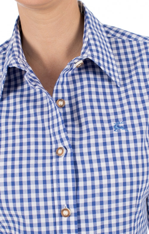 Trachtenbluse Damen Langarm – OS Trachten Blau Kariert Mit Hirschstickerei - Fasnacht24.ch