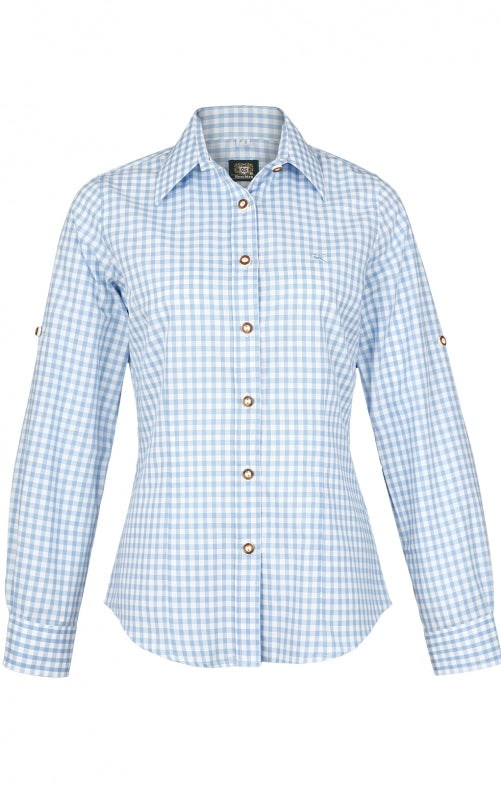 OS Trachten Trachtenbluse Damen Langarm Checkered Hellblau – Baumwolle - Fasnacht24.ch