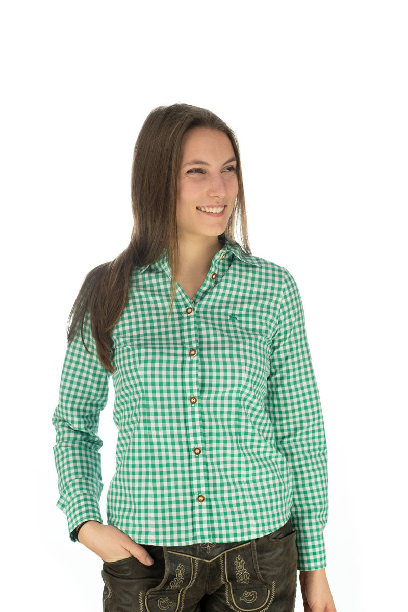 OS Trachten Trachtenbluse Damen Langarm Karo Grün – Baumwollmix - Fasnacht24.ch