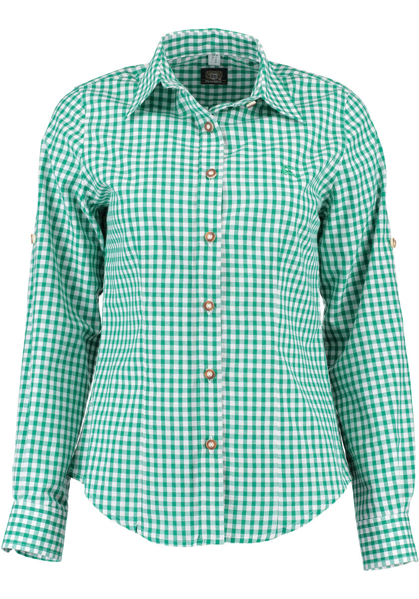 OS Trachten Trachtenbluse Damen Langarm Karo Grün – Baumwollmix - Fasnacht24.ch